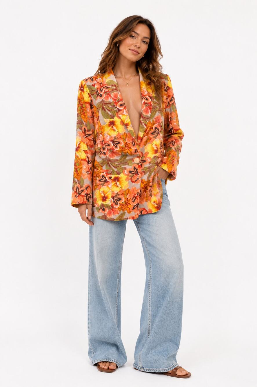 Vtg Fall Floral Rayon Relaxed Fit Boho Artsy Feminine Retro Boyfriend Blazer L